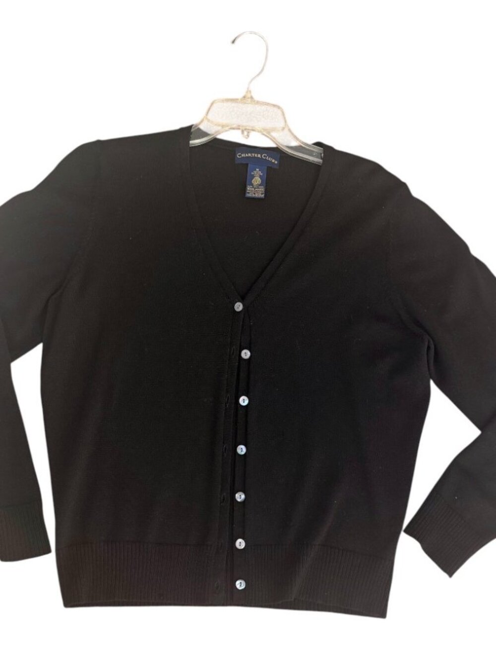 Vintage Charter Club Black Extra Fine Merino Wool V-Neck Cardigan Size M
